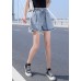 Women Light Blue Elastic Waist drawstring Asymmetrical Pockets Cotton Denim Short Pants Summer