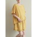 Literary yellow suit lace lace irregular round neck short sleeve shorts two-piece suit